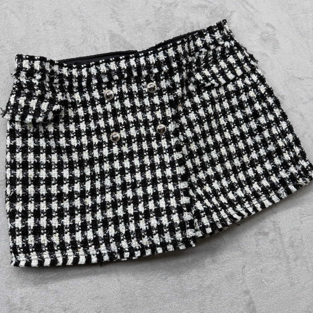 House of Harlow 1960 Mini Skort Women XL Black Houndstooth Tweed Double Breasted
